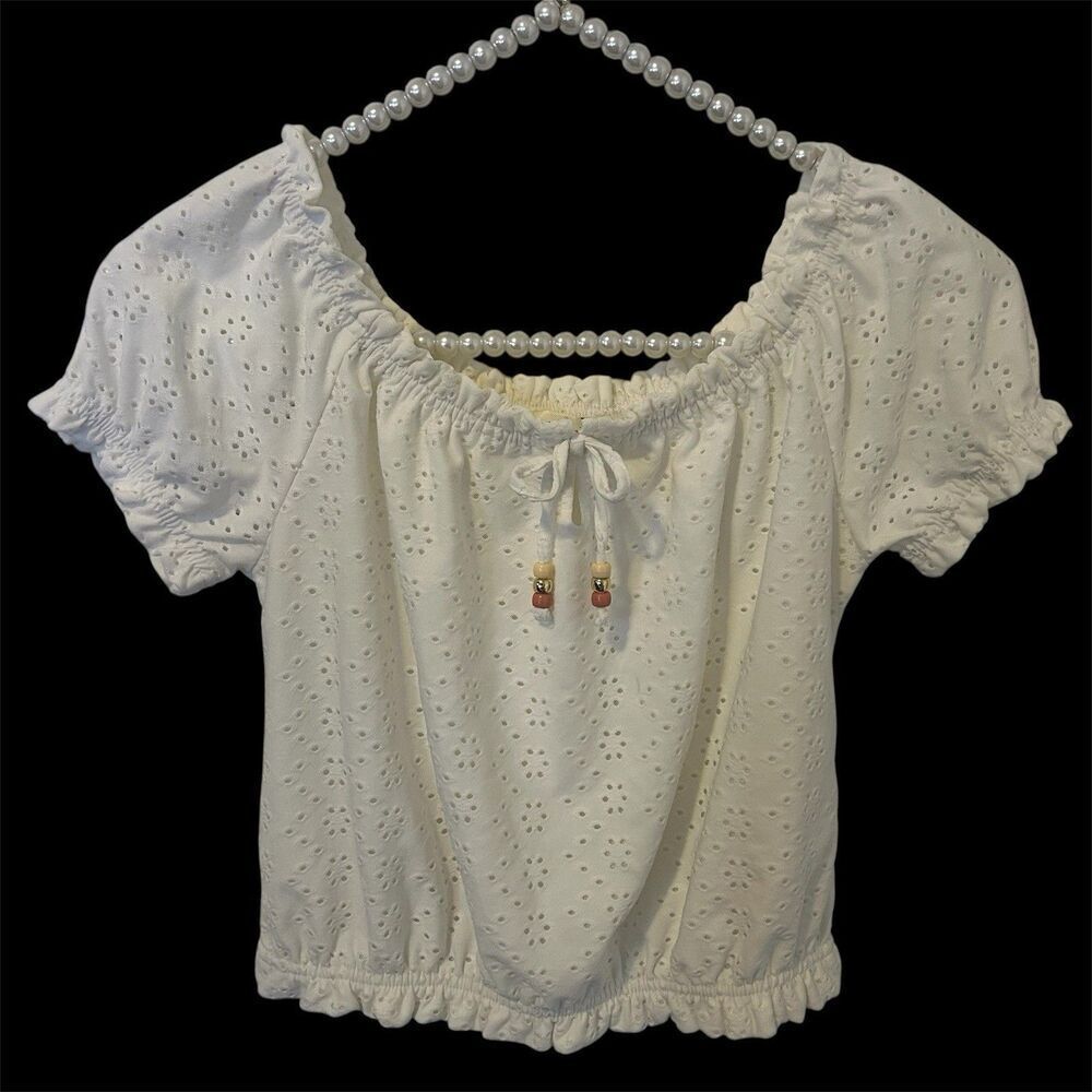 WOMENS WHITE EYELET Puff Sleeve TOP Medium Knit Works Cottagecore Milkmaid Boho